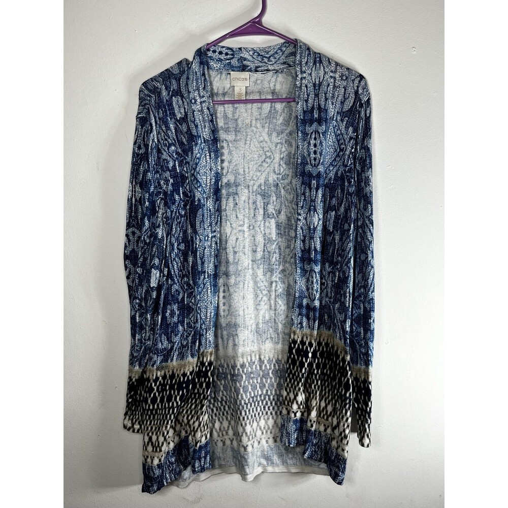 Chico's Sweater Cardigan Womens 3 XL Blue Geometric Open Front Lightweight Knit